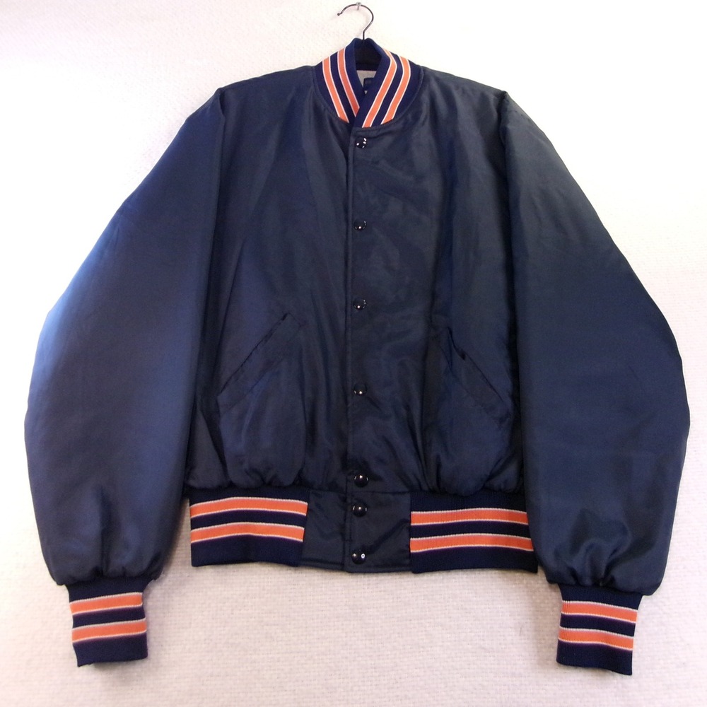 Holloway Mens L Varsity Bomber Jacket‎ Navy Blue Striped Trim Made in USA 6430